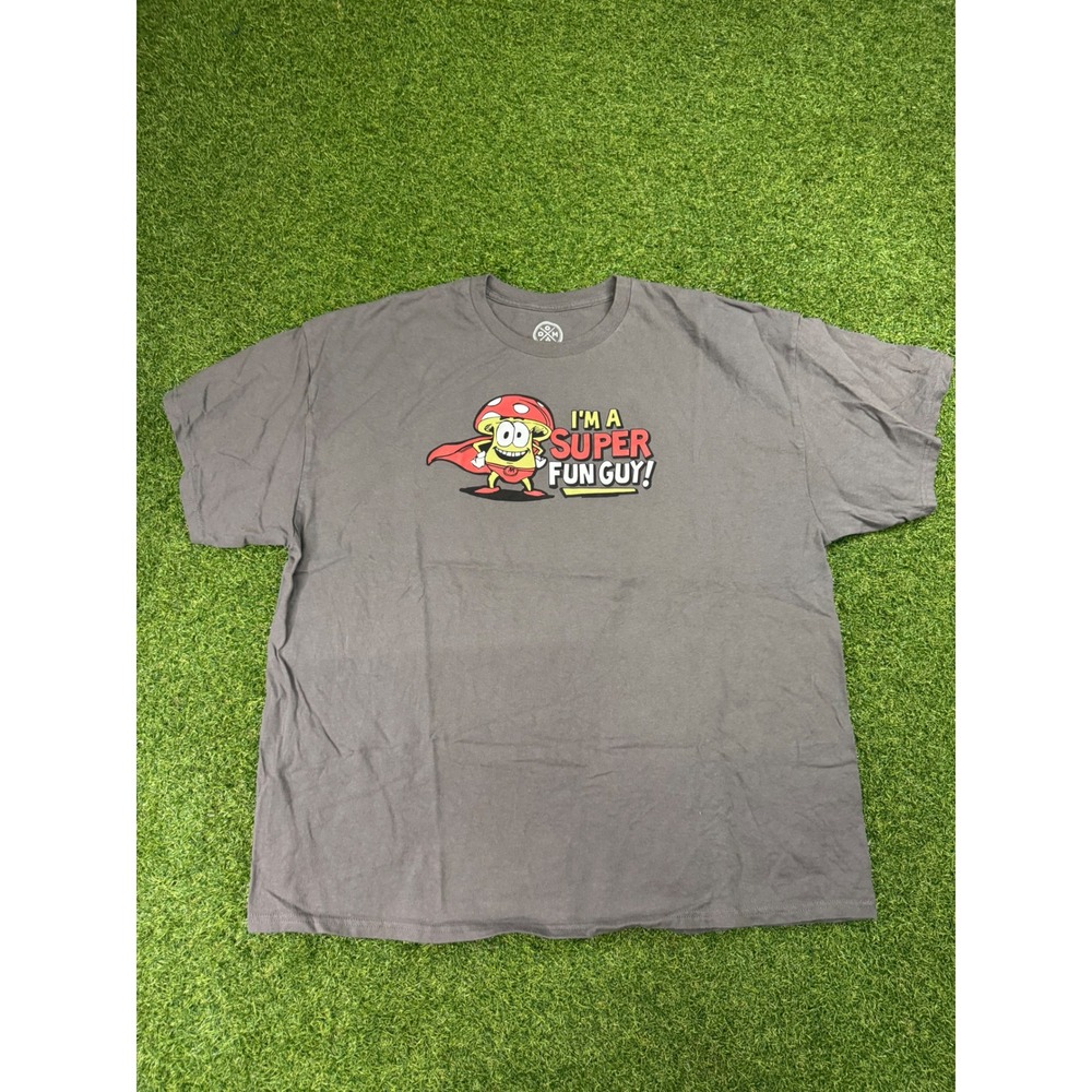 DXM‎ Mens Super Fun Guy Mushroom Graphic T-Shirt Grey Cotton 2XL Novelty Tee